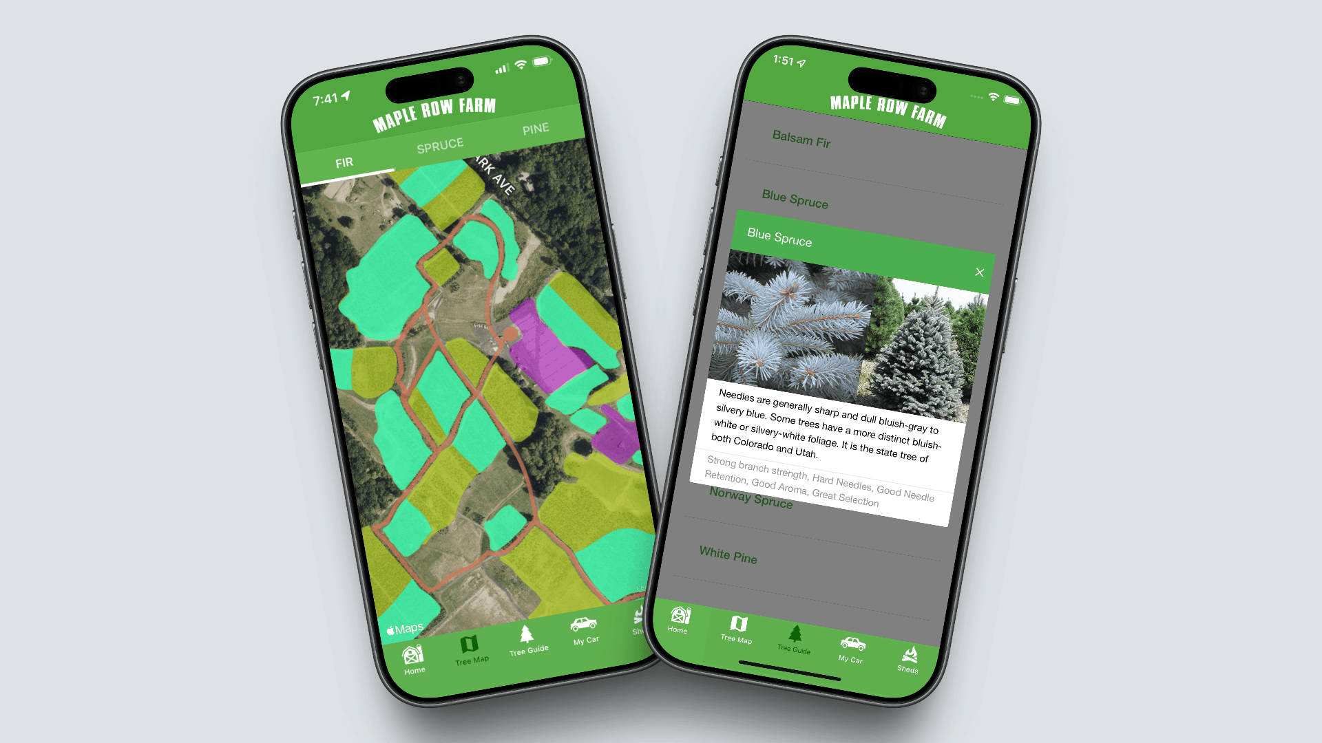 The Maple Row Farm mobile app primary screens, 2 screens
