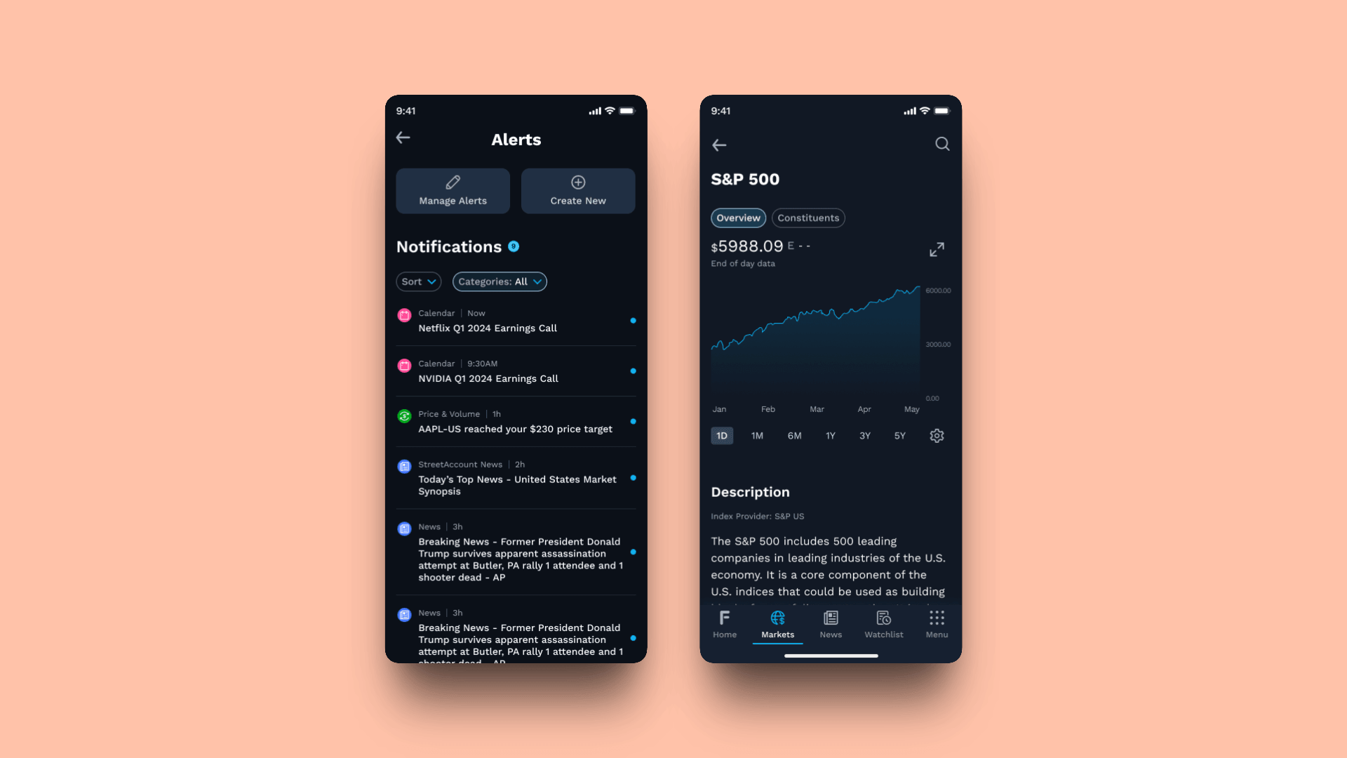 The FactSet mobile app drilldown screens, 2 screens