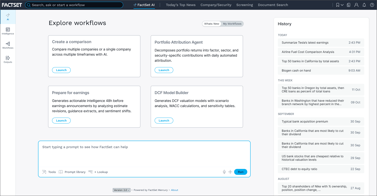 AI Launch screen showing example workflows and a large prompt field