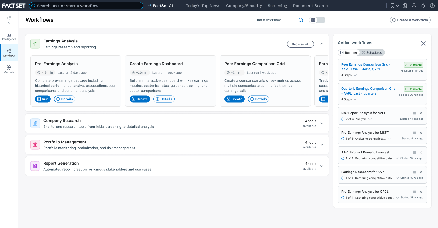 AI workflows screen, showing a list of example workflows and active workflows