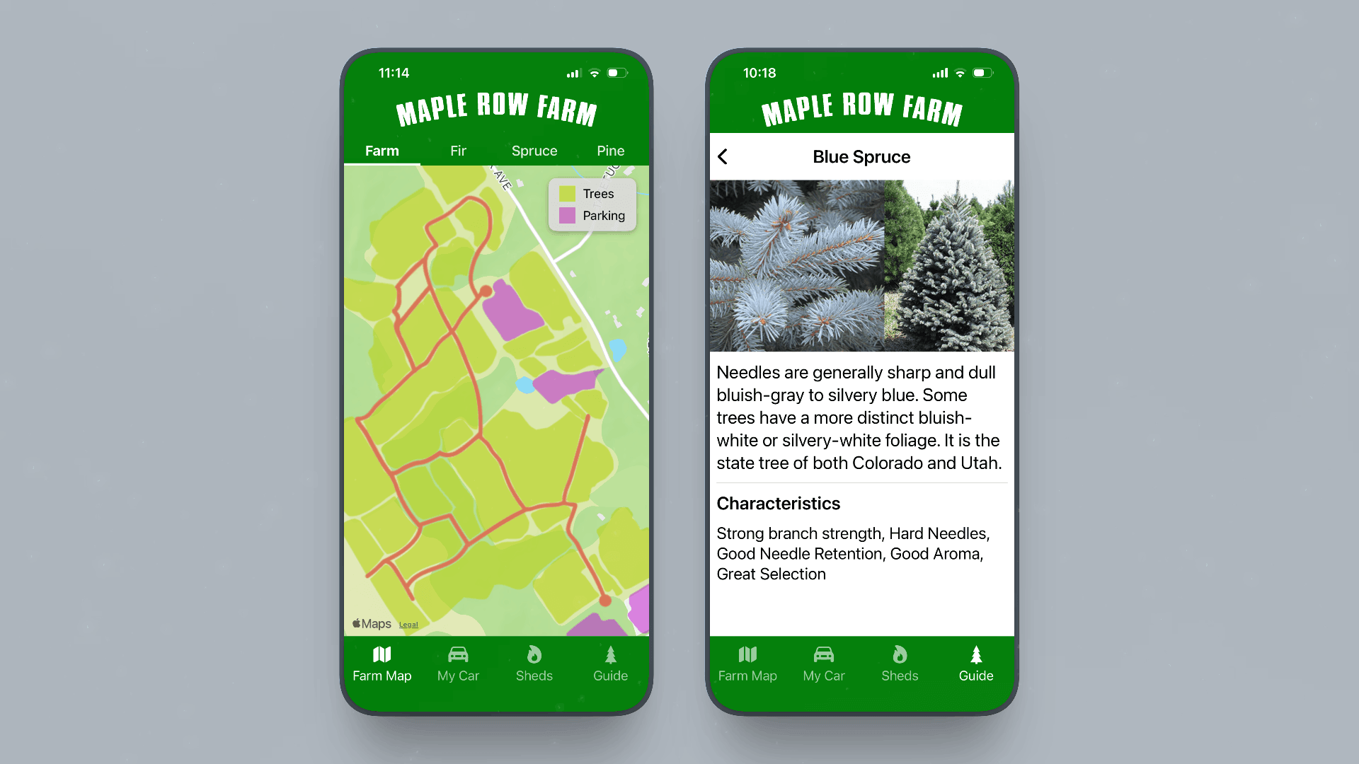The Maple Row Farm mobile app primary screens, 2 screens